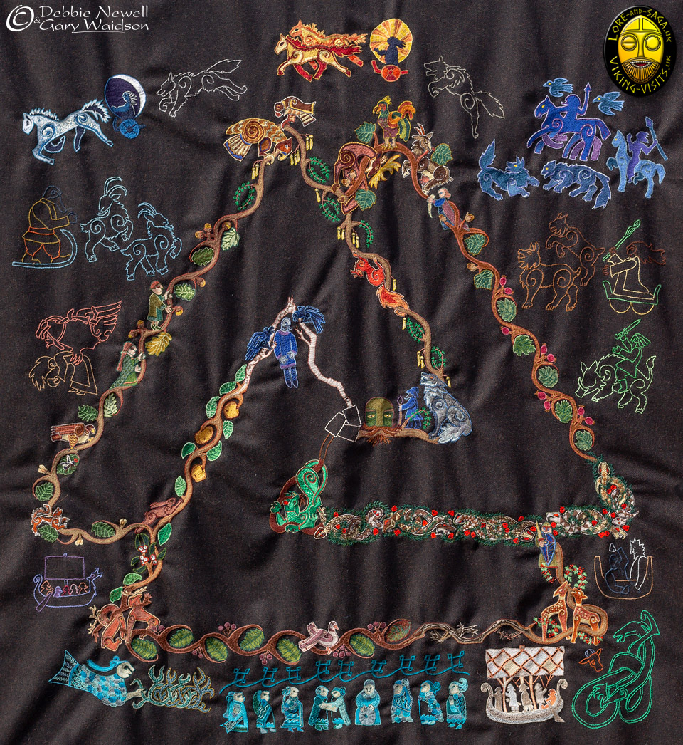 Norse Cloak of Myth. Embroidery of some of the celestial characters. - Image and design copyrighted © Gary Waidson/Debbie Newell. All rights reserved.